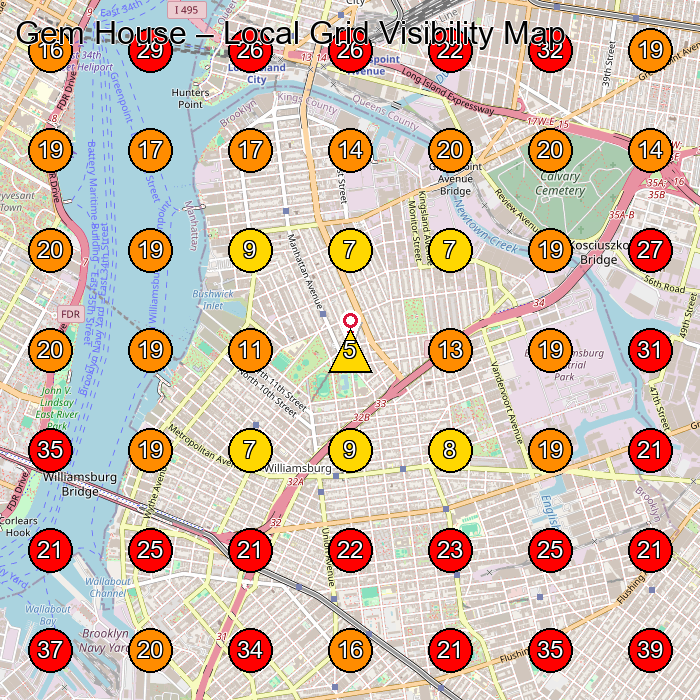 Gem House GeoGrid visibility map for Hair Salon in Brooklyn